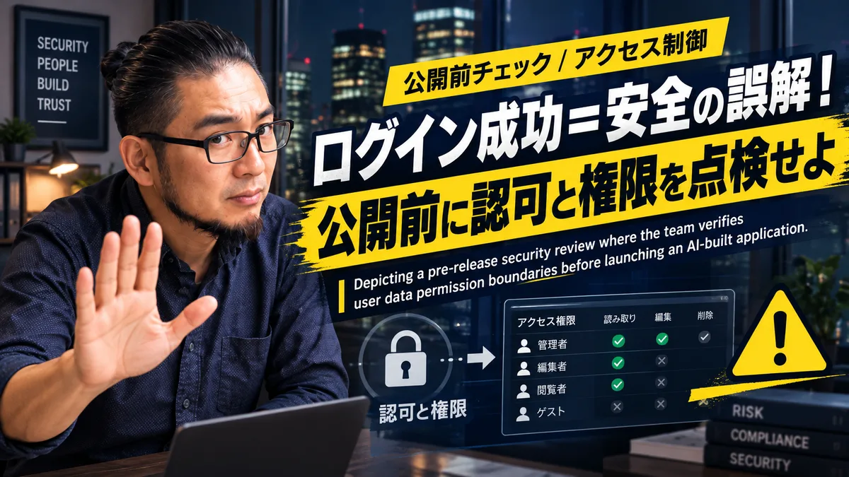 開発チームがWebアプリ公開前に管理画面のデータ参照権限と認可設定を点検している様子