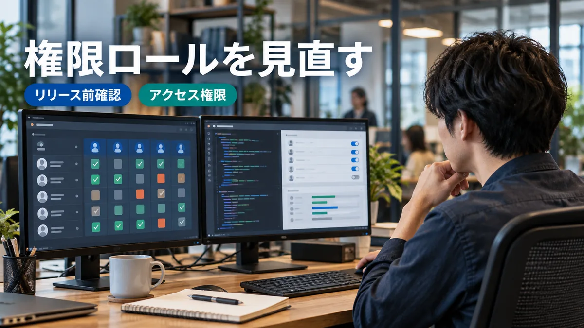 エンジニアがモニター上でユーザーロールとデータ参照権限の設定を確認している場面