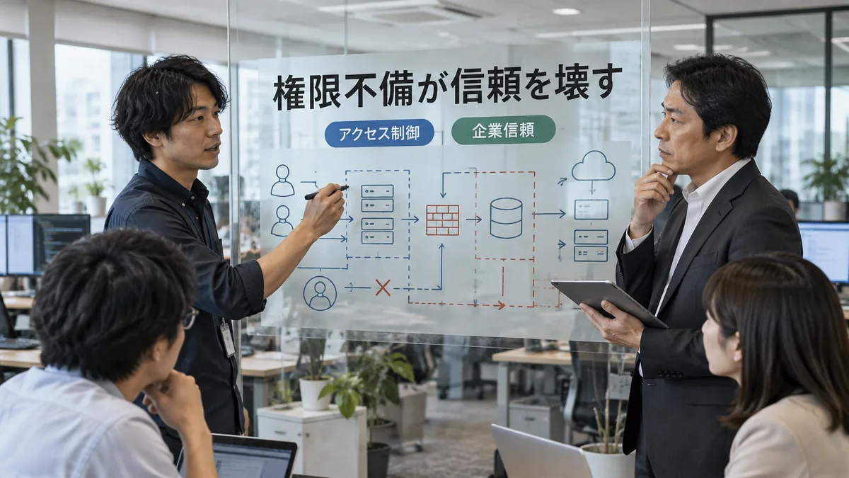 開発責任者と事業担当者がアクセス権限不備による影響度と手戻りコストを議論している様子