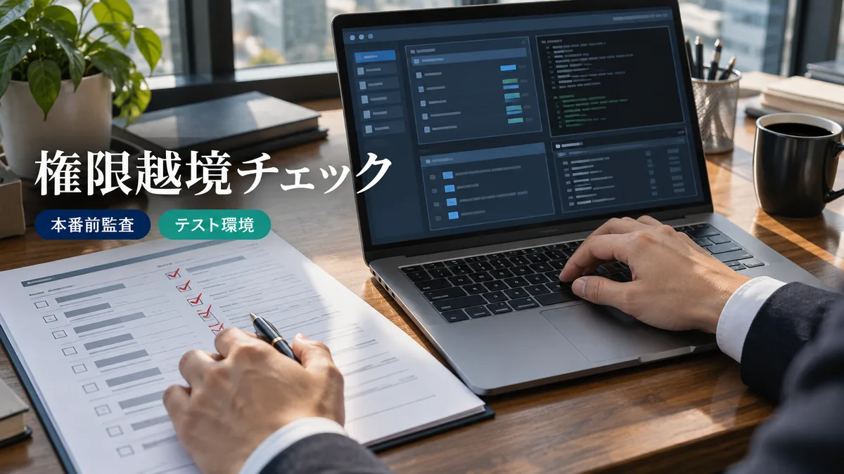 監査担当者がテストアカウントを使って管理画面のデータ参照権限をクロス検証している手元