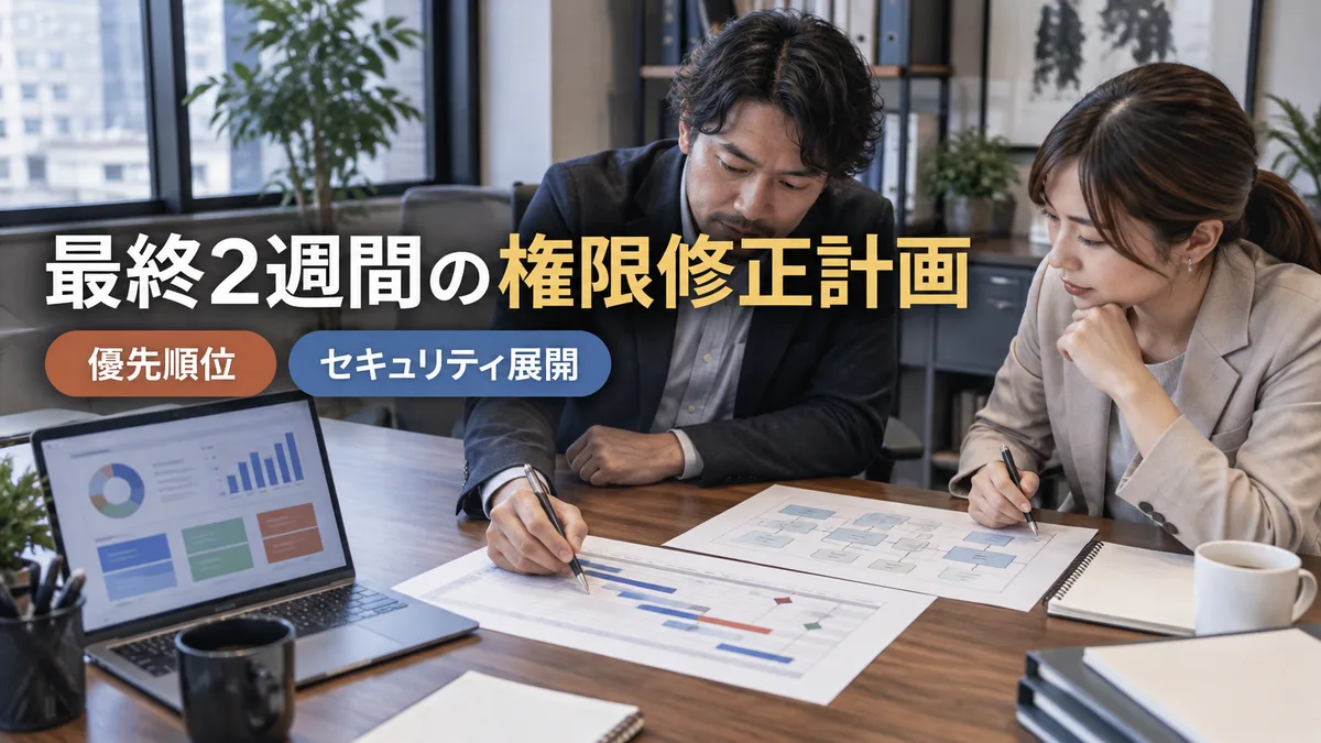 プロジェクトチームが公開前2週間の権限修正スケジュールと優先順位を打ち合わせている風景