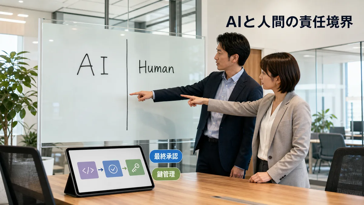 会議室でAIと人間の役割分担とリリース判定の境界線について議論する開発チーム