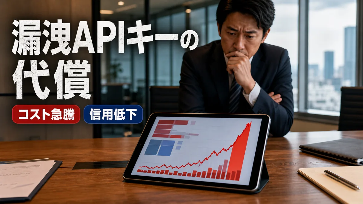 APIキー漏えいによるクラウド利用料金の急増を示すグラフを深刻な表情で見つめる経営者
