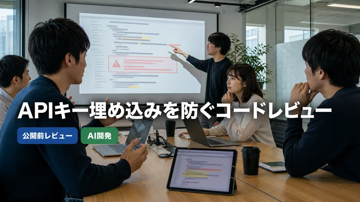 会議室でプロジェクターに投影されたソースコードを見ながら議論する開発チーム