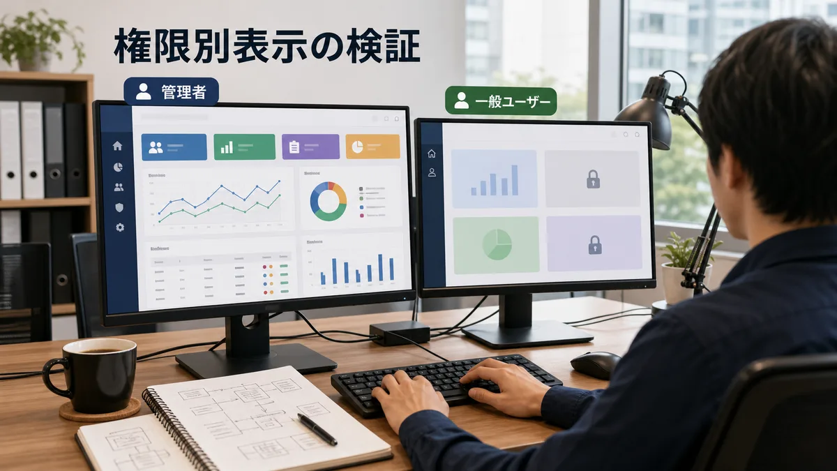 二つのモニターで異なるアカウントのデータ表示範囲を比較検証している開発現場。
