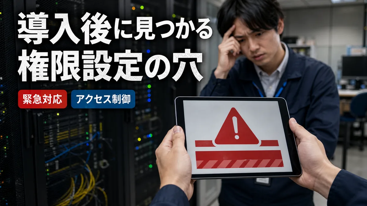 タブレットに表示されたセキュリティ警告を確認し、対応に苦慮するシステム担当者。