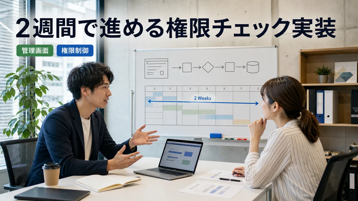 ホワイトボードの前で、2週間の権限チェック計画を話し合う開発チーム。