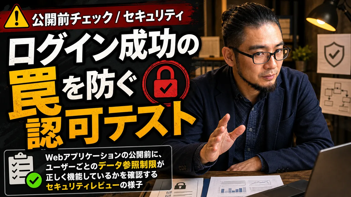 オフィスの会議室でWebアプリの公開前にデータ参照権限の設定を確認する開発者と責任者