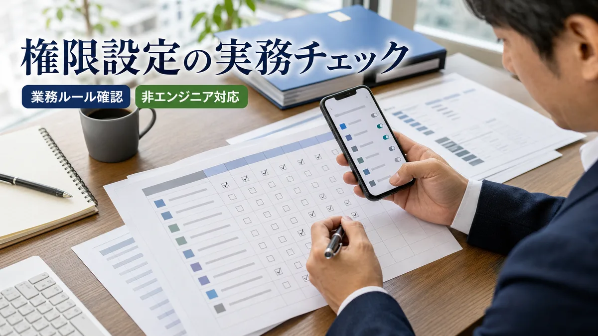 印刷された権限管理表とスマートフォン画面を突き合わせて確認する責任者