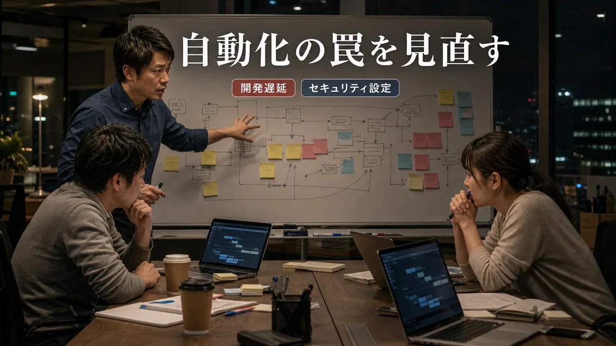 オフィスのホワイトボード前で複雑化した開発プロセスの修正を議論する開発チーム