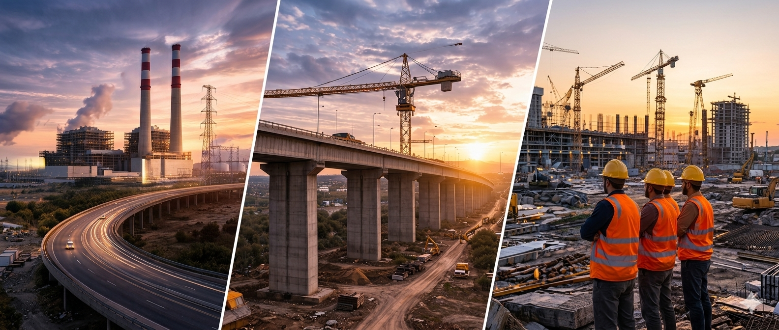 Massive construction site with heavy cranes and steel structures