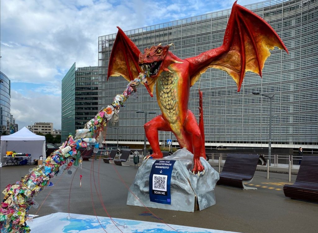 Rubbish-spewing dragon in Brussels highlights EU waste export