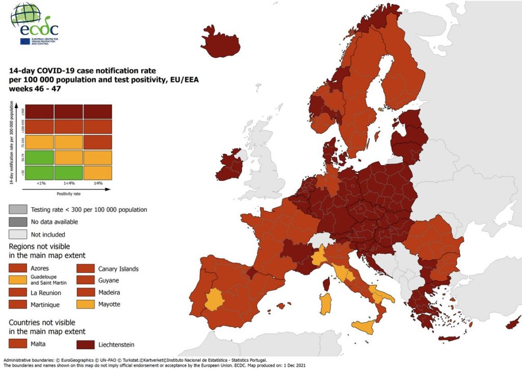 Nearly all of Europe red or dark red on coronavirus travel map
