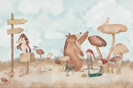 Articoo - Bear With Boys and Mushrooms Hand Painted Wallpaper For Kids - Articoo_265812