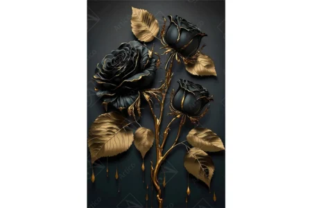 Articoo - Black Rose Wallpaper With Golden Branches and Leaves on Black - Articoo_165852