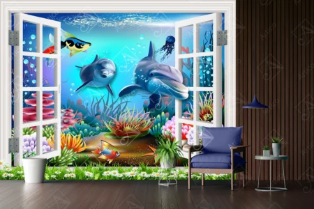 Articoo - 3D Wallpaper Window Overlooking the Sea With Dolphin and Starfish - Articoo_133543