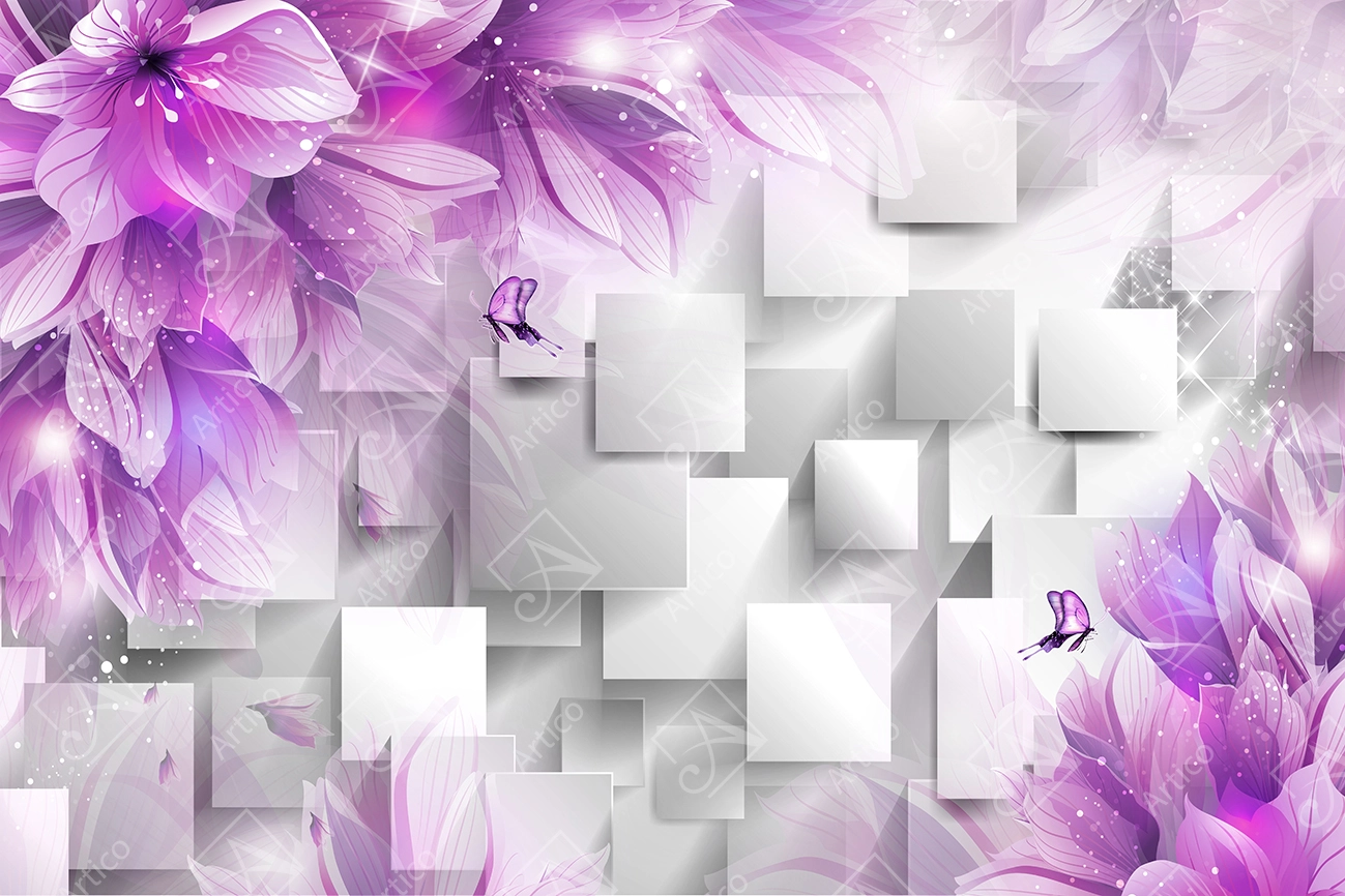 Artico-0117 Articoo - 3D Wallpaper Grey Squares with Purple Roses for Bedroom - Articoo_819636