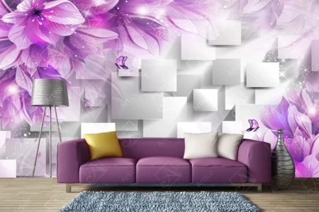 Articoo - 3D Wallpaper Grey Squares with Purple Roses for Bedroom - Articoo_819636