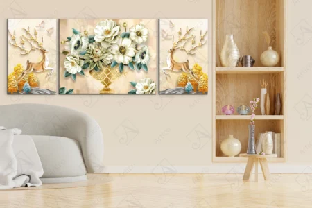 Articoo - 3 Pieces Tableau White Flower Vase and Deer with Golden - Articoo_176668