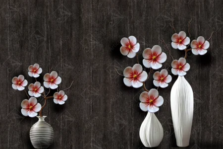 Articoo - 3D Wallpaper Brown Wood Wall and White Rose Vases - Articoo_733178