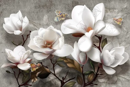 Articoo - 3D Wallpaper White Roses Butterflies On Grey Concrete Wall - Articoo_938444