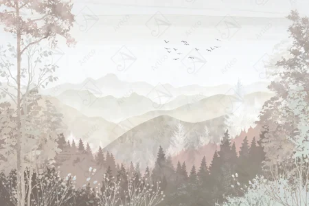 Articoo - Wallpaper Watercolor Tropical Forest Palm Trees Birds Mountains for Living - Articoo_743295