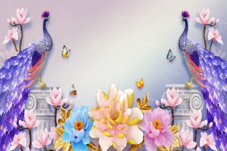 Articoo - 3D Wallpaper Peacock Standing on Pole Amidst Colorful Flowers - Articoo_555949