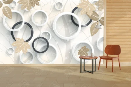 Articoo - 3D Wallpaper Black and White Circles with Autumn Leaves - Articoo_189924