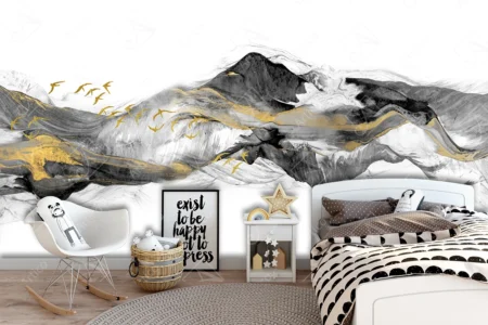 Articoo - 3D Wallpaper Black Mountain Abstract with Waves and Golden Birds - Articoo_258928