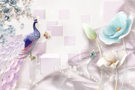 Articoo - 3D Wallpaper White Rose and Baby Blue With Peacock - Articoo_849514