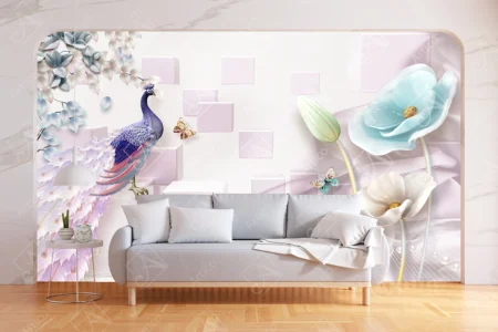 Articoo - 3D Wallpaper White Rose and Baby Blue With Peacock - Articoo_849514