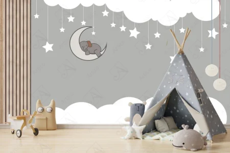 Articoo - 3D Wallpaper Cute Elephant Sleeping on the Moon Amidst Stars - Articoo_826969