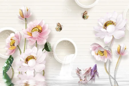 Articoo - 3D Wallpaper Beautiful Lotus Flowers With White Rings and Butterflies - Articoo_525395