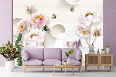 Articoo - 3D Wallpaper Beautiful Lotus Flowers With White Rings and Butterflies - Articoo_525395