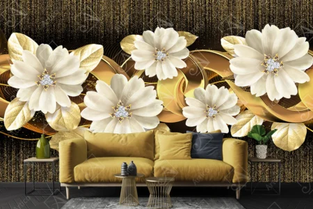 3D Wallpaper White Roses on Gold Wavy Lines and Abstract Background of Gold Waterfalls - Image 2