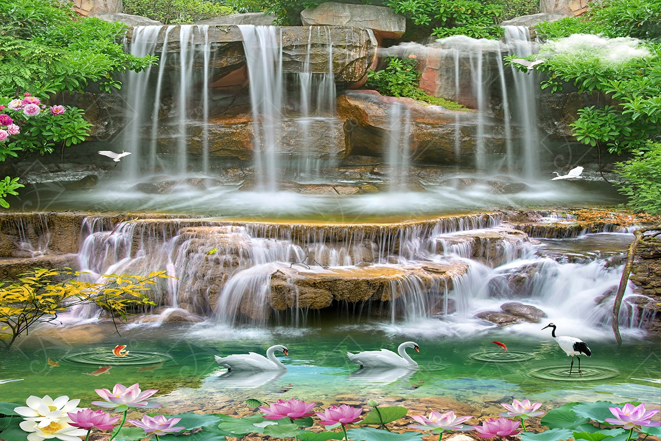 Artico-0312 Articoo - Landscape waterfall with green trees, lake, geese and roses wallpaper - Articoo_488495