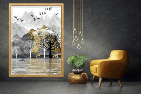 Articoo - Abstract watercolor landscape, grey and gold mountains, dry trees - Articoo_649466