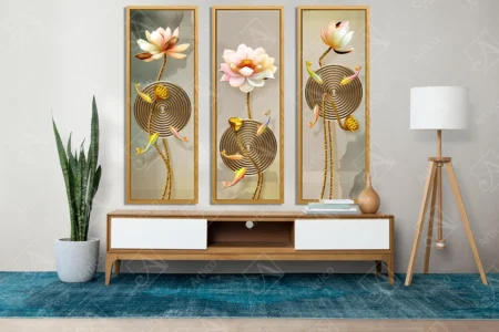 Articoo - Lotus Flower with Circles and Goldfish on Abstract Background Art - Articoo_288235