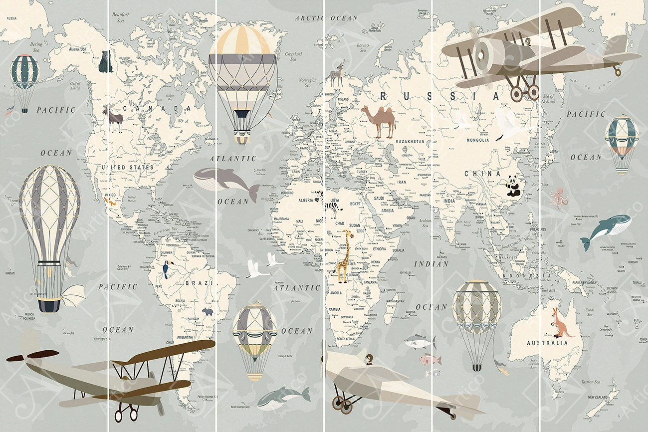Artico-0456 Articoo - Retro World Map for Kids wallpaper mural, Vintage Hot Air - Articoo_759364