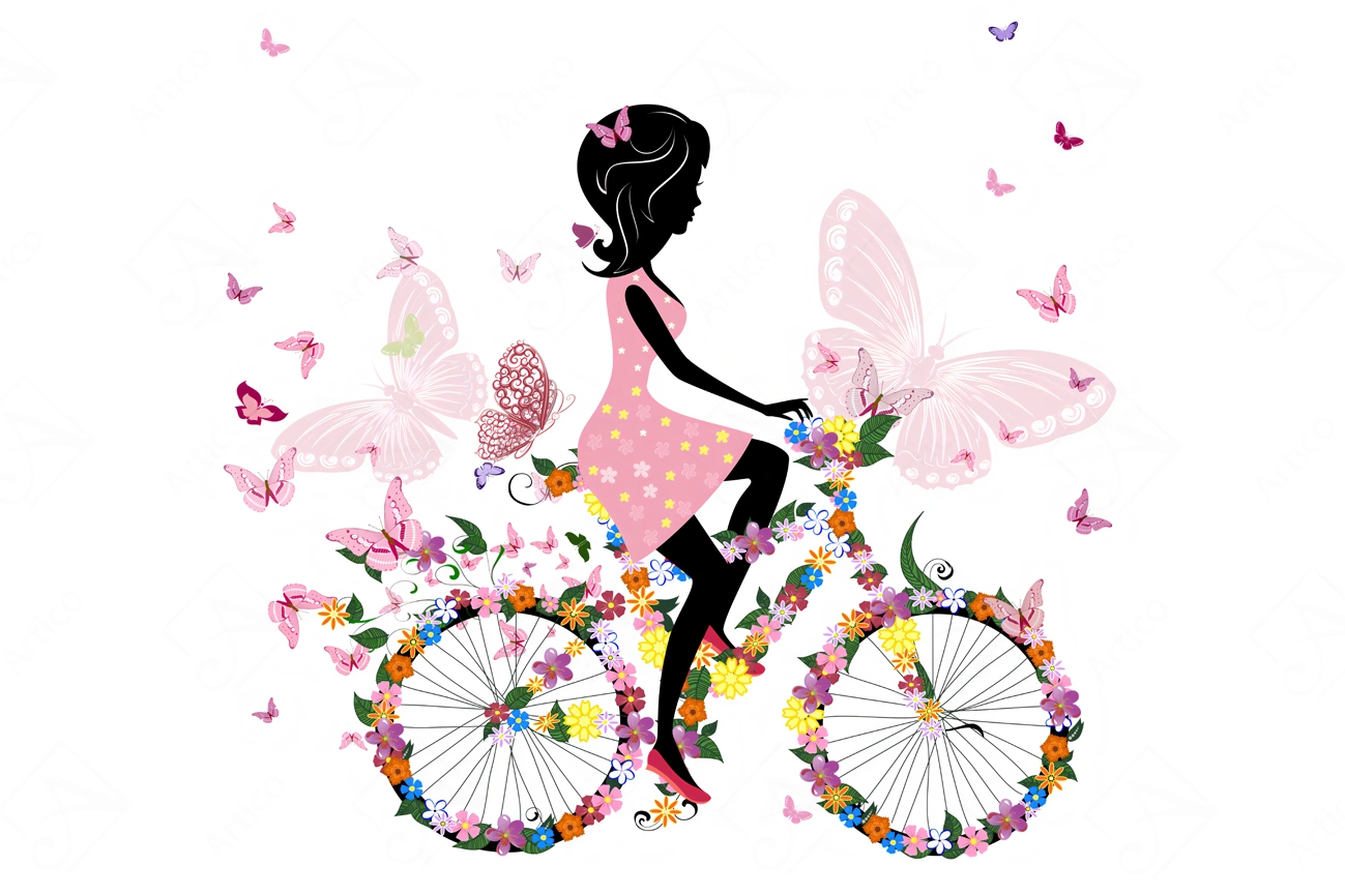 WArt-53 Articoo - Girl riding a bike amidst butterflies and flowers wallpaper, illustration - Articoo_772953
