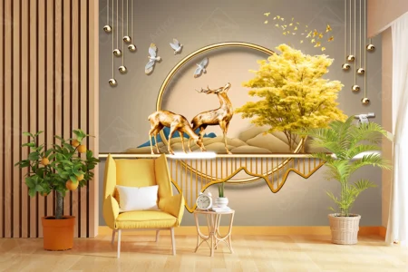 Articoo - 3D Wallpaper Golden Ring and Tree with Deer and Hanging - Articoo_617354
