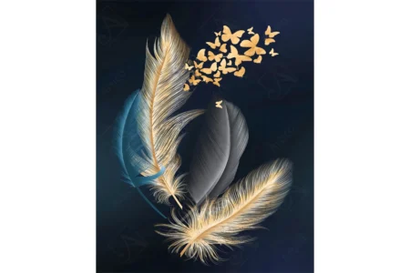 Articoo - Simple gold and blue feather hanging painting design with light gold butterflies - Articoo_658367