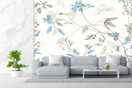 Articoo - Blue floral pattern wallpaper with gray leaves and branches - Articoo_676236