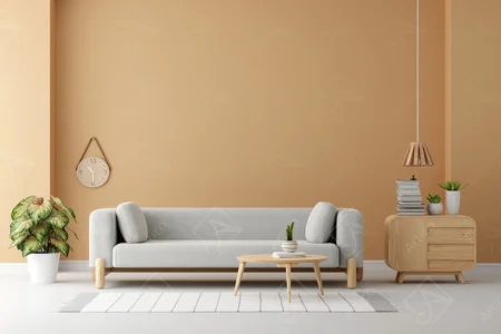 Articoo - Interior design of a beige living room with a gray sofa, a small table - Articoo_962844