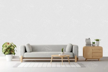 Articoo - Interior design of a beige living room with a gray sofa, a small table - Articoo_962844