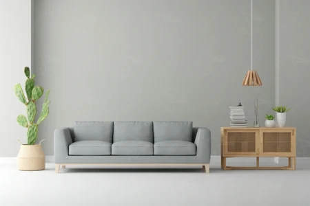 Articoo - Interior design of a living room with a gray sofa, a small table, a hanging lamp - Articoo_631127