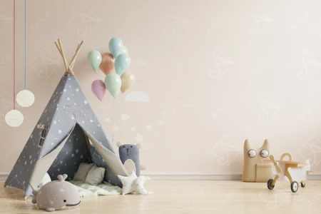 Articoo - Interior design of a children’s room with a beige wall and a star tent with balloons - Articoo_482772