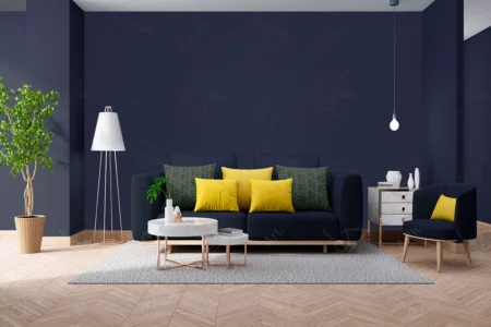 Articoo - Interior design of a blue living room with a sofa, a white lamp, a small table - Articoo_393613