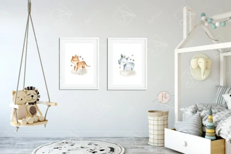 Articoo - Interior design of kids rooms with a white bed and a swing. Paintings hanging on a gray wall - Articoo_542228