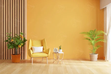 Articoo - Yellow living room interior design with chair, small table, orange tree and palm tree - Articoo_192812